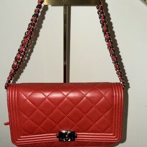 CHANEL Red Lambskin Boy Wallet On Chain Crossbody Bag
